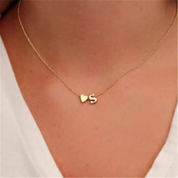 Heart Necklace 18K Gold Plated Stainless Steel Tiny Heart Letter Necklace - Picture 2 of 3